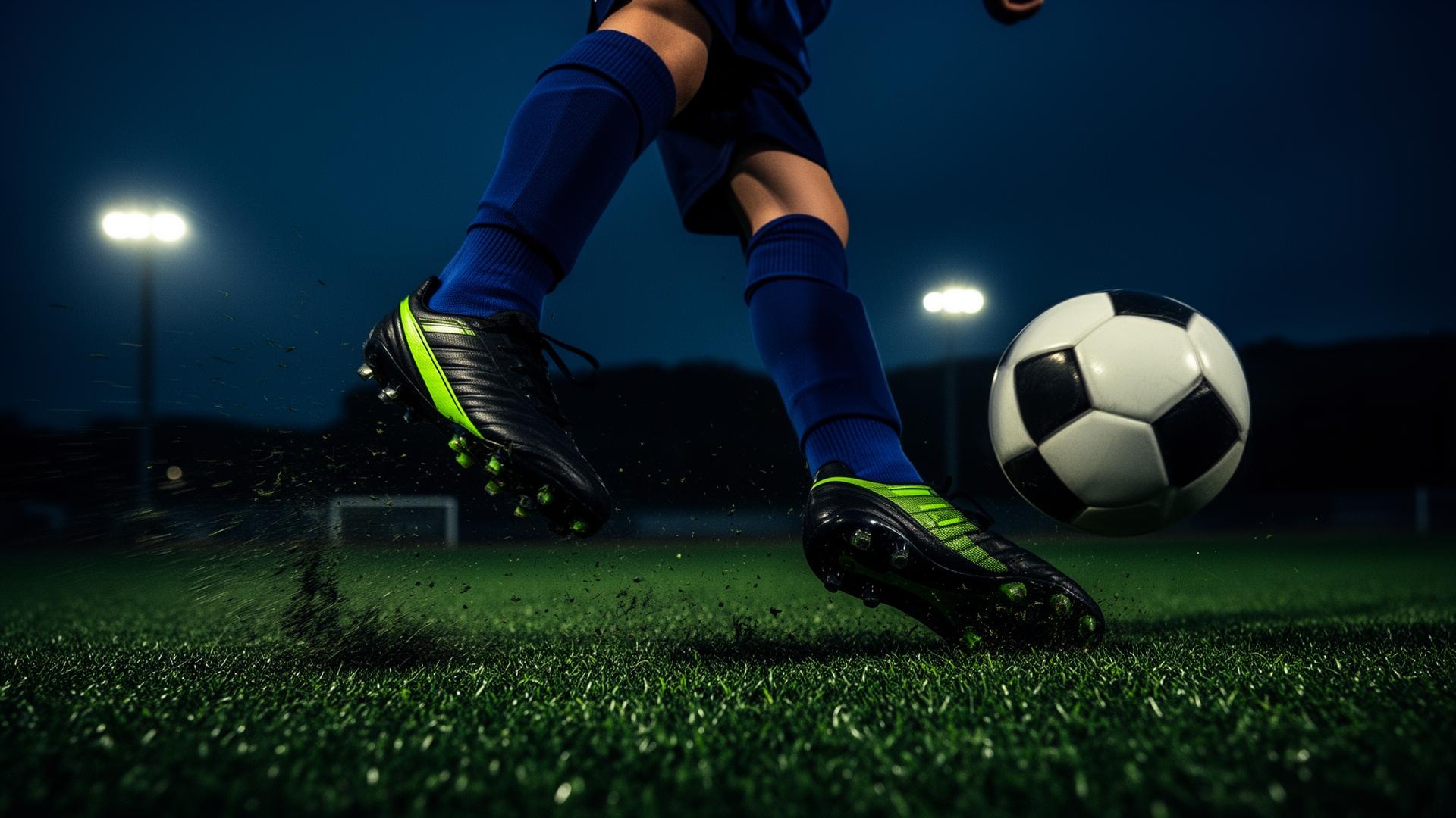 Soccer player striking the ball under stadium lights